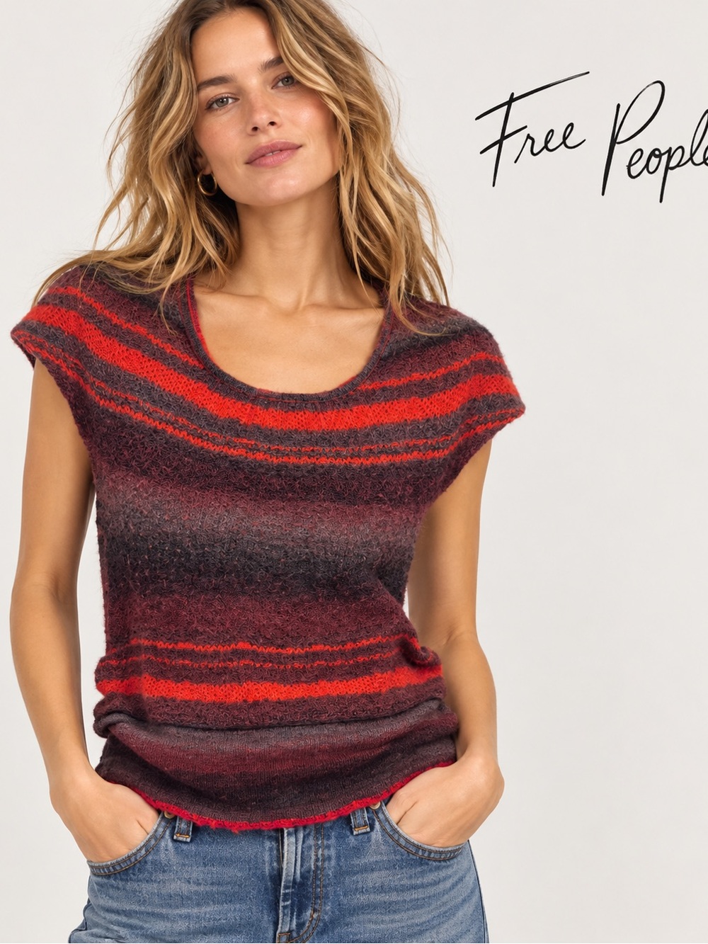 Free People Mohair Wool Blend Striped Knit Top Open V Back